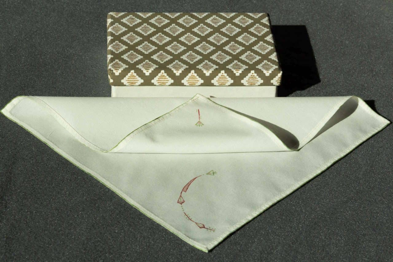 A partially folded handkerchief and an ornamental box